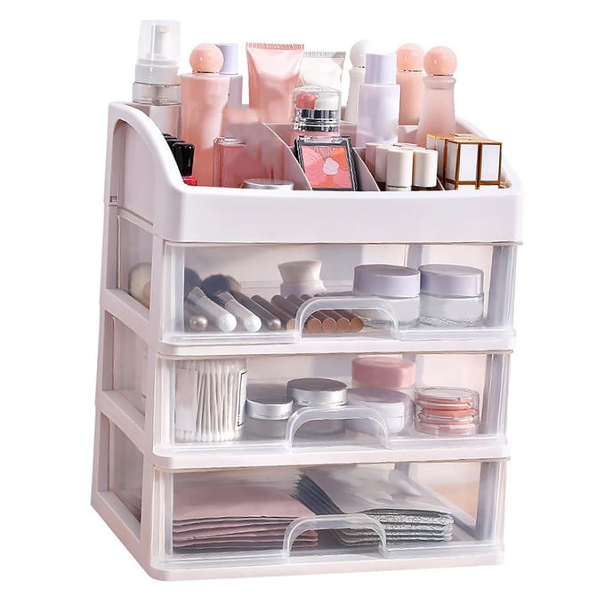 Boîte de rangement cosmétique à 3 tiroirs en plastique transparent, organiseur de maquillage spacieux white