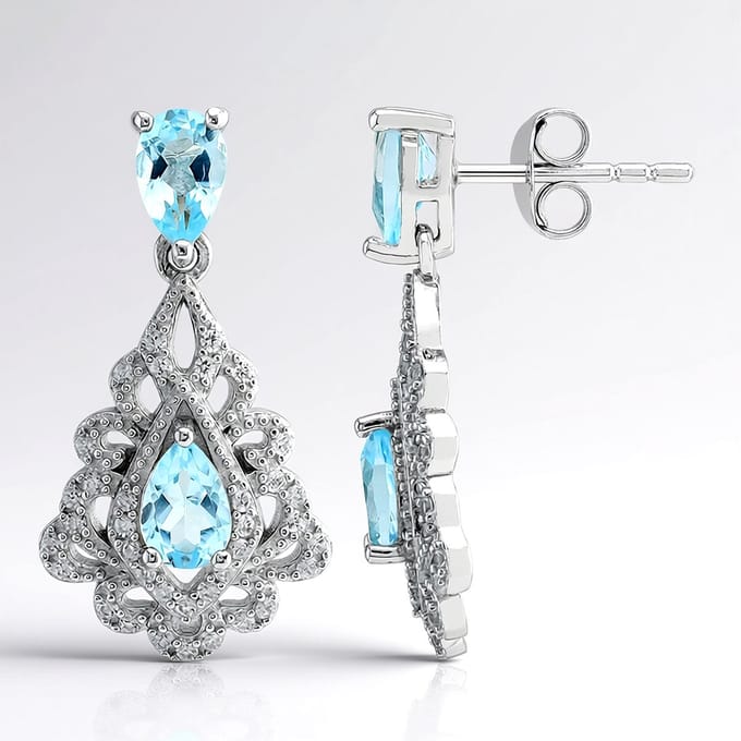 Cavill - 925 Sterling Zilver Oorbellen - Hemelsblauwe Peervormige Topaas 1,8ct - Tanzanian Zirkoon 0,44ct - Elegante Druppelvormige Oorstekers