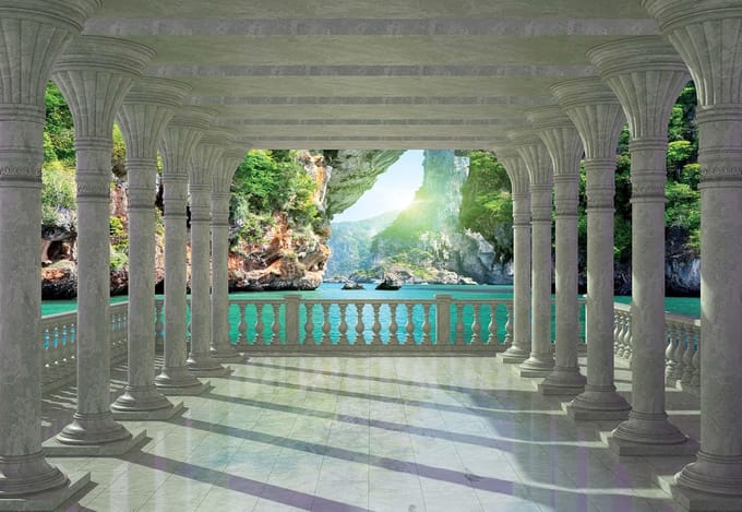 Fotobehang Tropical Lagoon Through The Arches | XL - 208cm x 146cm | 130g/m2 Vlies