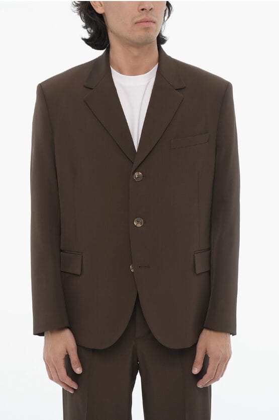 Zijsplitten, reverskraag, slim fit, drieknoops pak in bruin