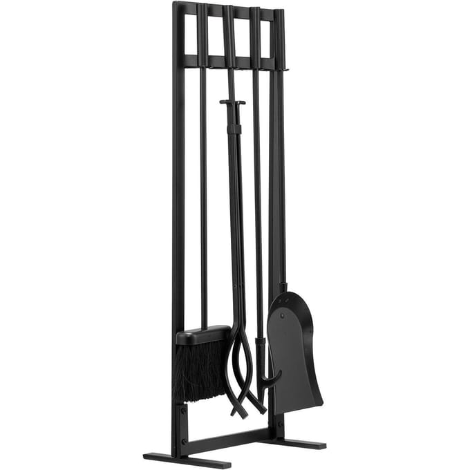 Ensemble d'outils pour cheminée, Ensemble d'outils pour feu 5 pièces et support avec support à cadre carré, Pince, Pelle à cendres, Brosse, Tire-feu, Cheminée en acier forgé