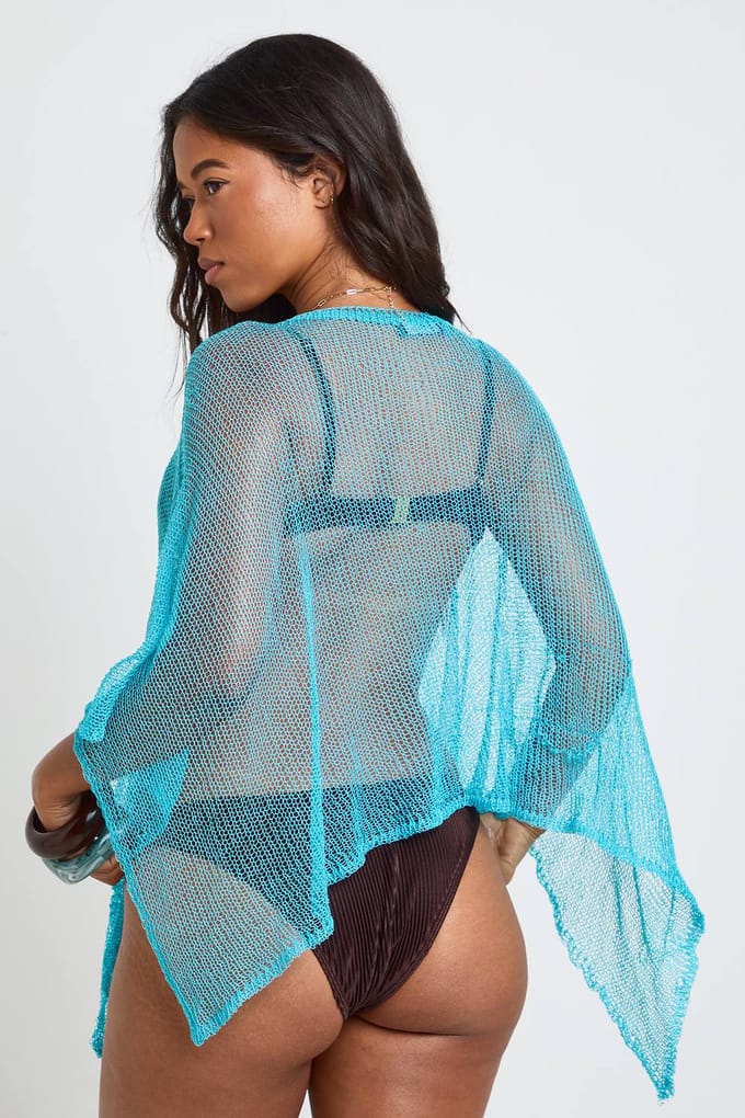 boohoo Dames Lichtgewicht Gebreid Gehaakte Cape | Aqua | Maat: Medium
