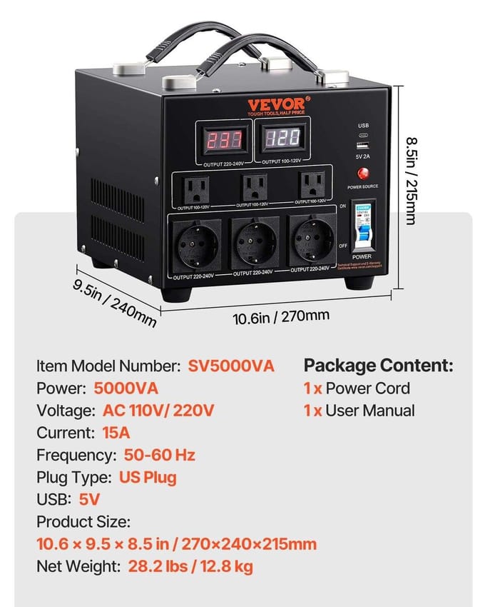 Spanningsomvormer Transformator, 5000VA, Robuuste Stap Omhoog/Omlaag Transformator, Converteert van 110 Volt naar 220 Volt en van 220 Volt naar 110 Volt, met VS