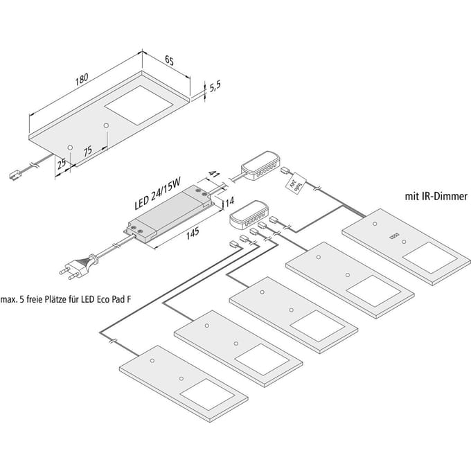 Hera Eco Pad F Ledset van 5 spots en infrarood dimmer/schakelaar