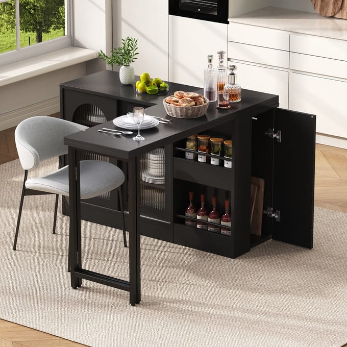 REDOM Uitschuifbare Eettafel 121 cm - 360° Draaibaar Blad - Inklapbaar & Ruimtebesparend - Moderne Eetkamertafel met Opbergruimte - MDF en Metaal - Zwart