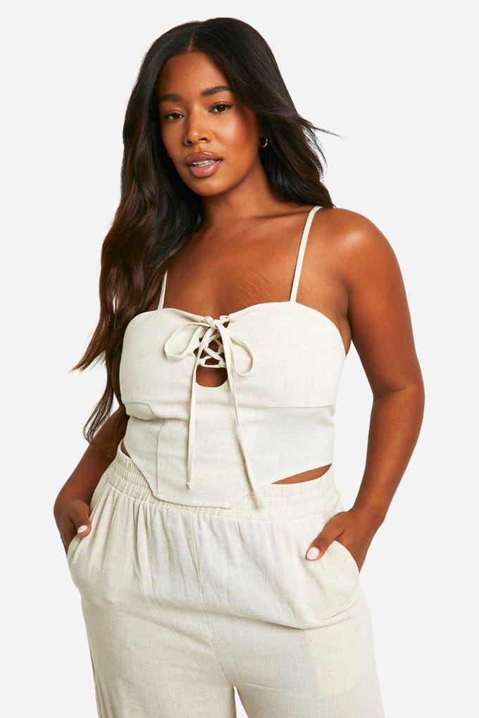 boohoo Dames Plus Linnen Look Corset Top met Veters | Steen | Maat: 44