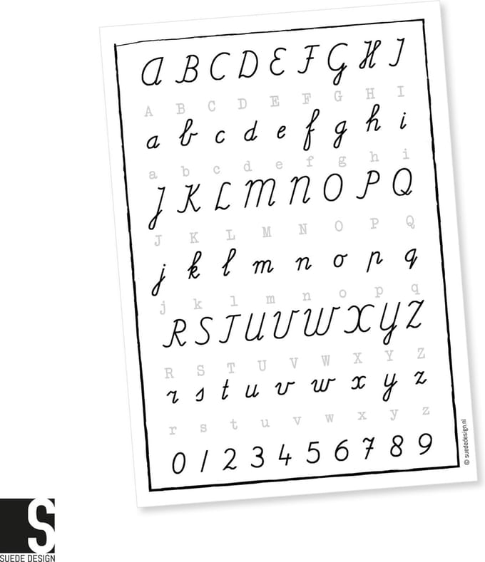 Schoolposter | ABC schrijfletters | Kinderkamer | Suede design zwart wit poster A4