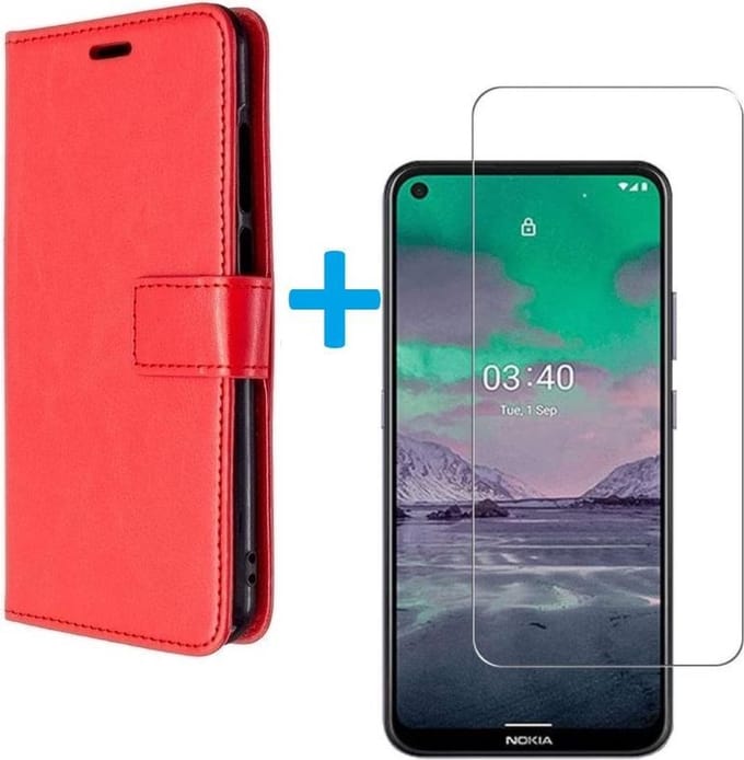 Bookcase Geschikt voor: Nokia 5.4 / 3.4 - Rood - portemonnee hoesje met 2 stuks Glas Screen protector