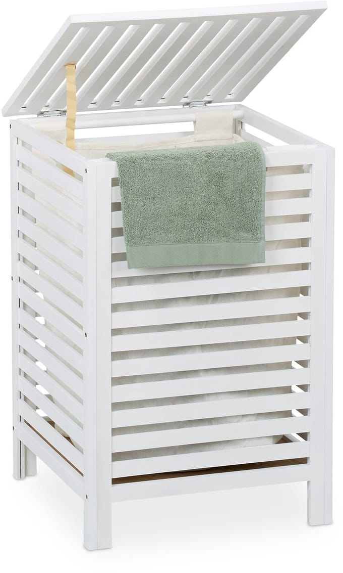 wasmand met deksel - 63 l - hout - 65,5 x 45 x 45 cm - waszak - wit