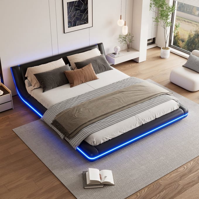 160*200 cm plat bed - bodembed - PU - LED-omgevingsverlichting - zwart