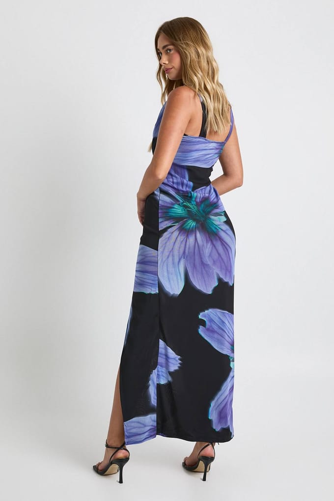 boohoo Dames Mesh Bloemen Wikkel Cowl Maxi Jurk | Black | Maat: 8