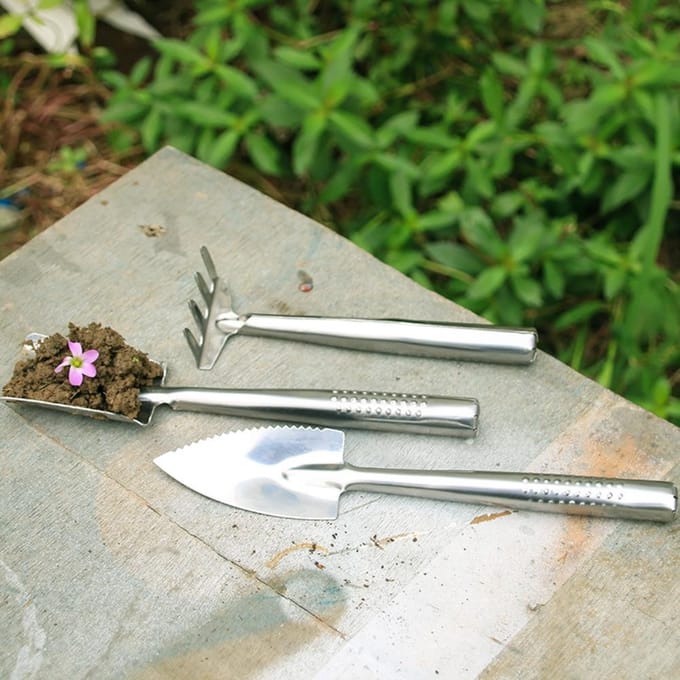 Ensemble de Truelles de Jardin 3 Pièces Mini Truelle en Acier Inoxydable Fourche à Désherber et Truelle à Transplanter Ensemble d'Outils à Main gray