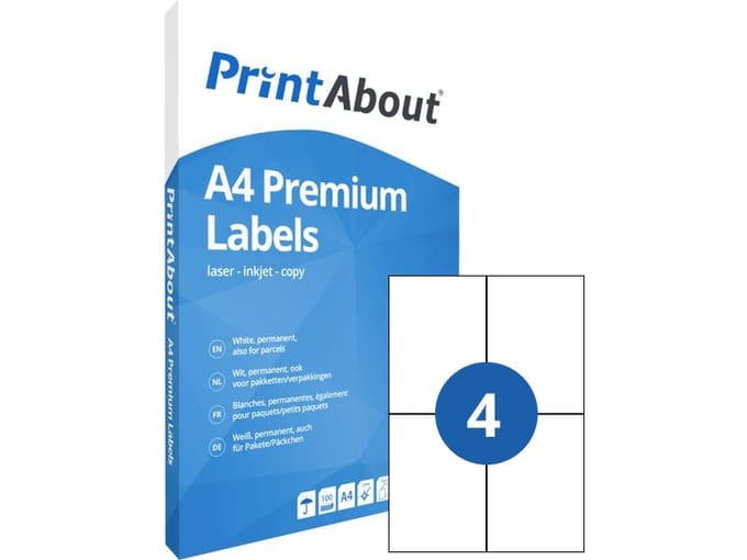 PrintAbout Premium A4 stickervel 4 per vel (105mm x 148mm)