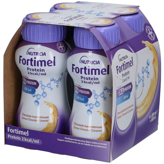 Fortimel Protein 2kcal Chocolade-Karamelsmaak Voedingssupplement Ondervoeding 4x200 Oplossing