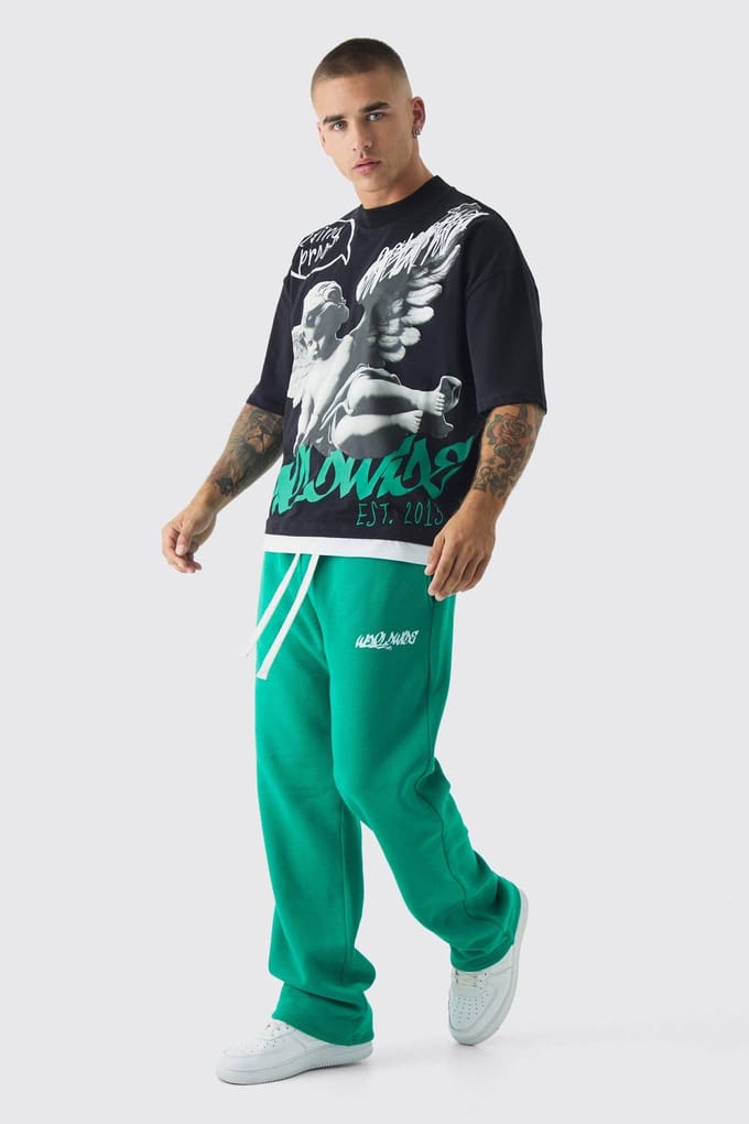 Oversized Graphic Faux Layer T-Shirt And Jogger Set | Green | Size Medium