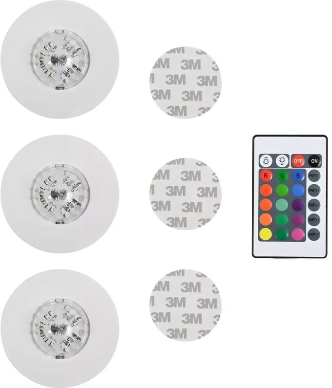 Benson LED disco party licht - RGB LED - afstandsbediening - 3 stuks - ø 80 mm - IP20