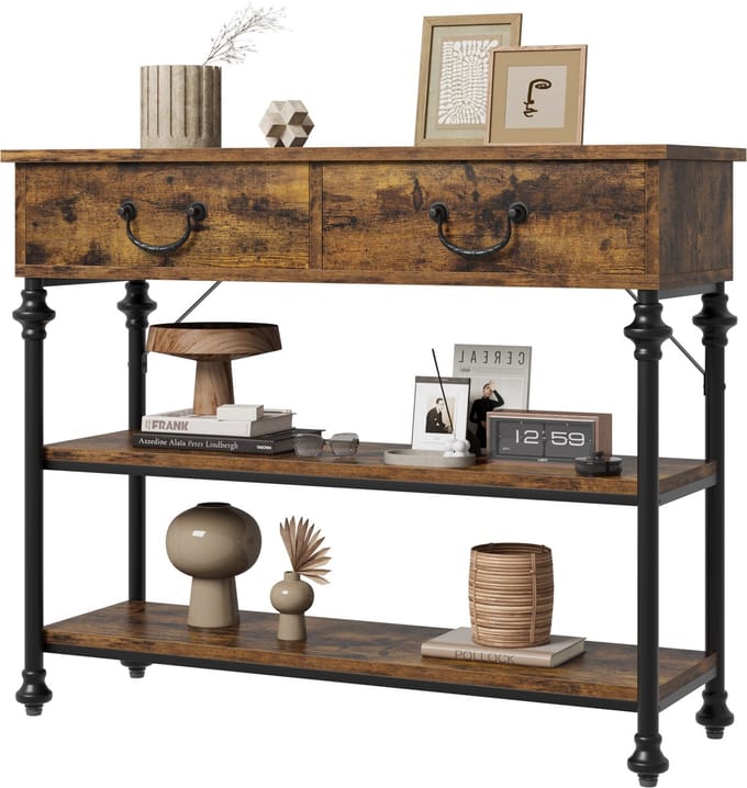 Rustieke, smalle sidetable met 2 lades en 2 open schappen, 100x30x80 cm, bruin