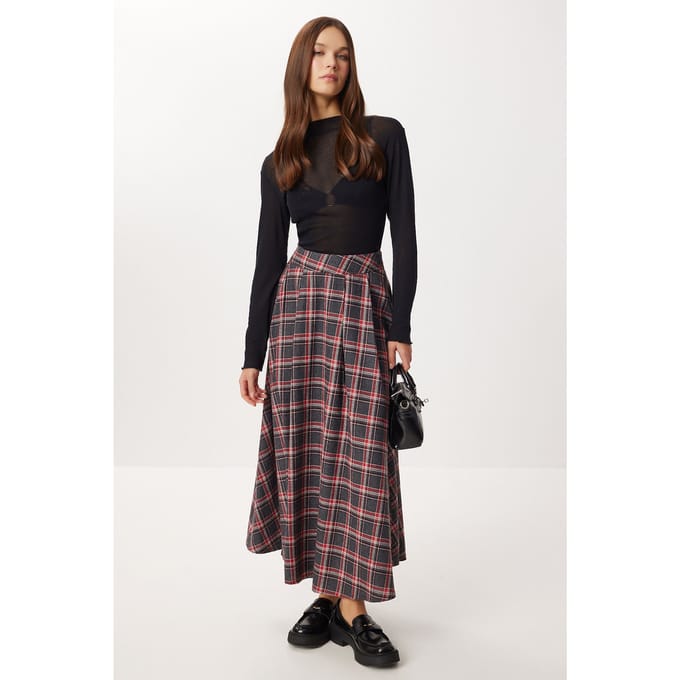 Geruite Hoge Taille Plissé Midi Rok