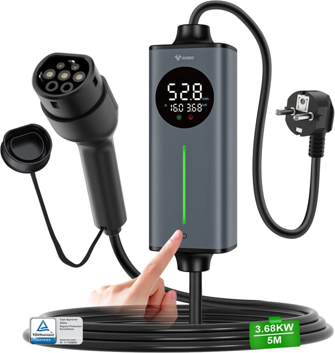 GONEO Draagbare EV-lader Type 2 Schuko Stekker voor EV/PHEV, Timer Snelladen Slimme Temperatuurregeling, Dubbele FI-bescherming, Automatische Aardingsdetectie