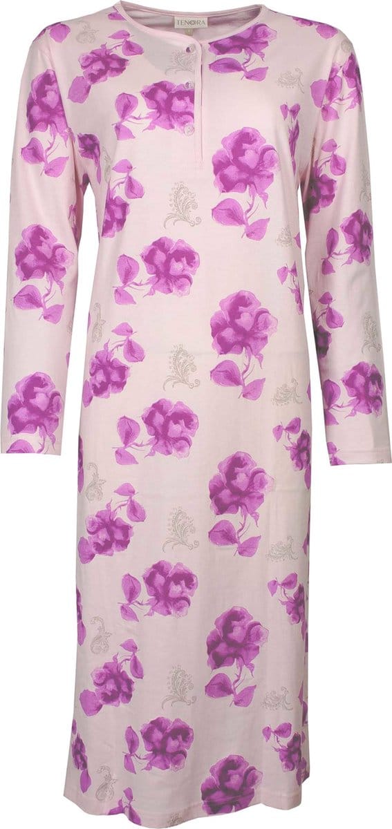 Tenderness Dames Nachthemd - Polo Sluiting - Bloemen - Roze - Maat M
