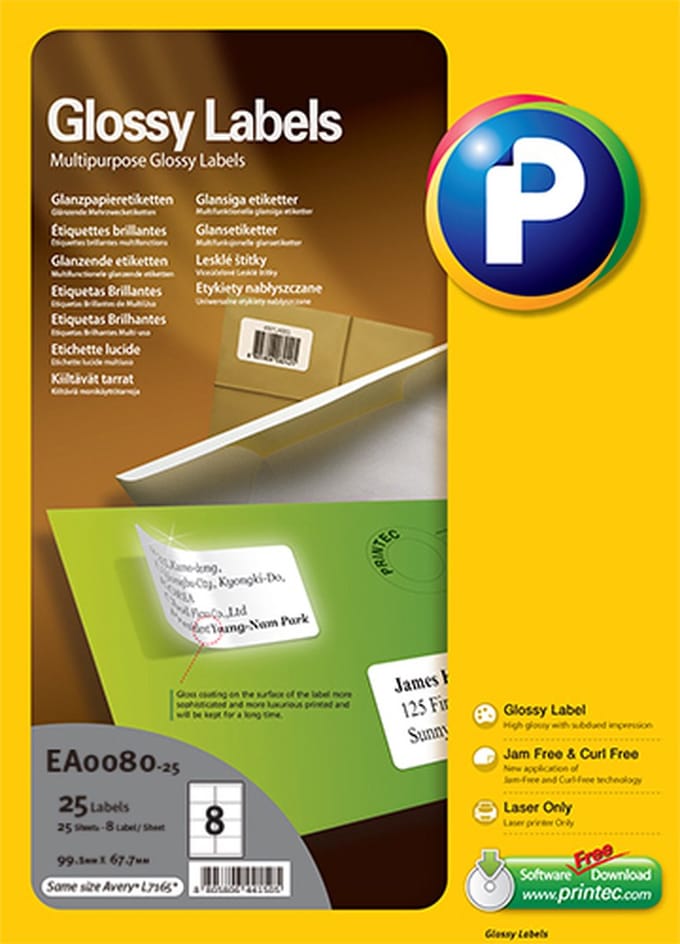 Printec Glanzend Etiket - Laser Printer - 25 Stickervellen - 8 Labels Per A4 - 200 Stickers