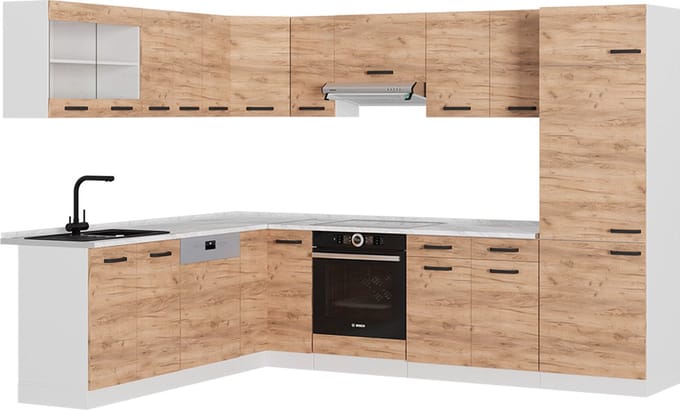 Vicco Hoekkeuken R-Line, Goudkleurig Eiken/Wit, 287 x 227 cm WB Eik