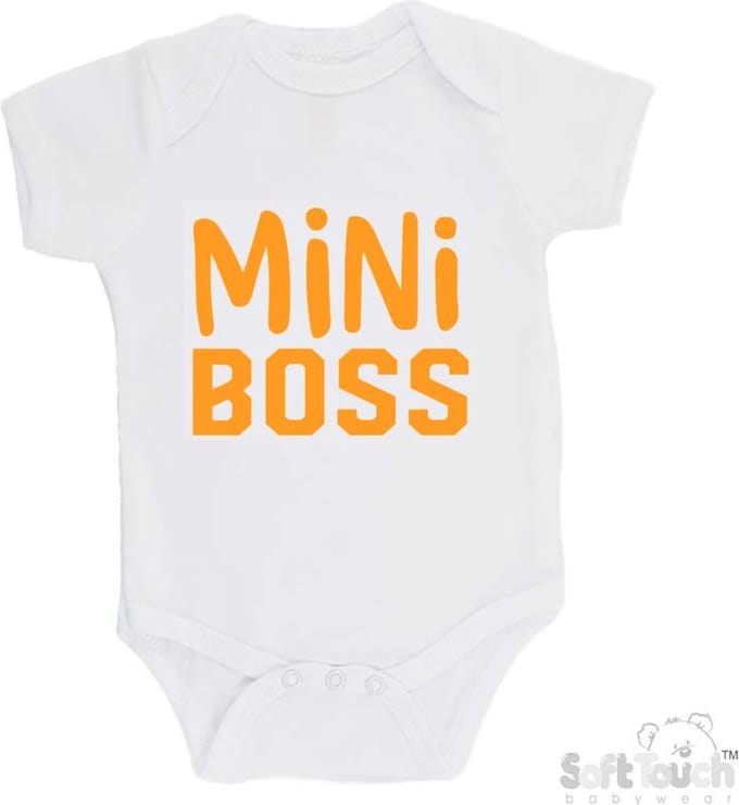 100% Katoenen Romper "Mini Boss" Unisex Katoen Wit/mosterd Maat 62/68