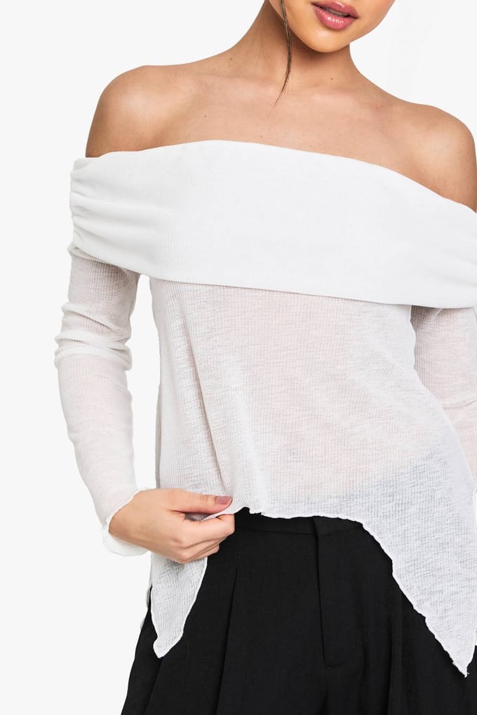 boohoo Dames Transparante Mesh Bardot Top met Drape Detail | White | Maat: 8