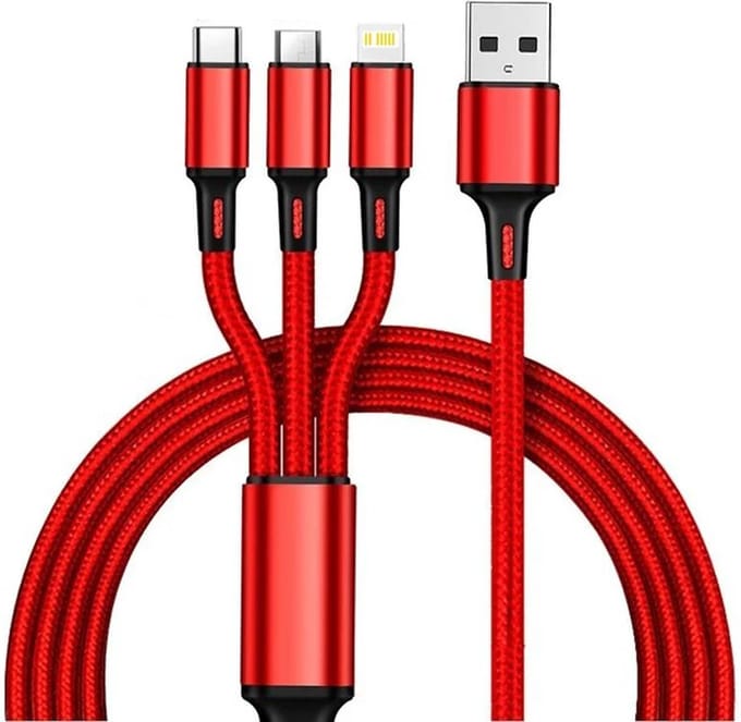DrPhone MX1 - 3 in 1 - Multi Kabel - Gevlochten 2.4A – Oplaadkabel - Lightning/USB-C/Micro USB - 1.2 Meter - Rood