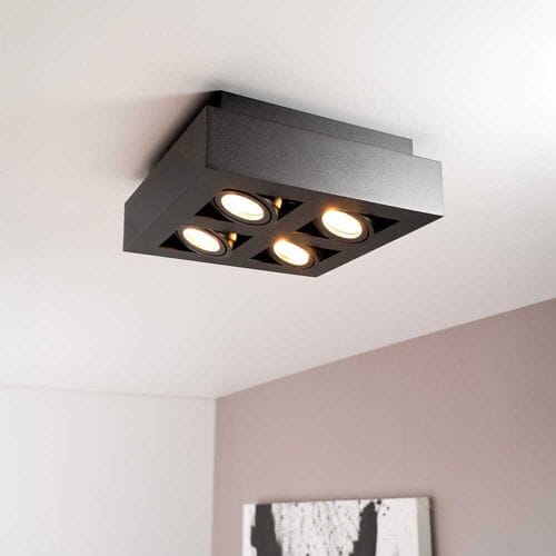 Pollux nero II II by LUSENZ - Vierkante 4-lichts plafondlamp met richtbare spots, matzwarte coating en interieur