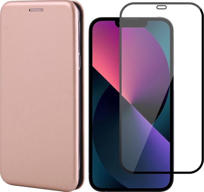 Hoesje geschikt voor iPhone 13 en Full Screenprotector - Portemonnee Book Case - Roségoud