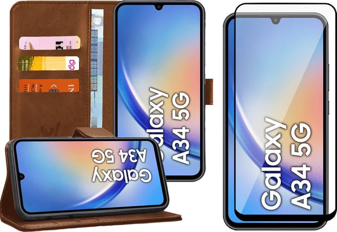 Hoesje geschikt voor Samsung Galaxy A34 - Screen Protector FullGuard - Book Case Kunstleer Pasjeshouder Bruin & Screenprotector