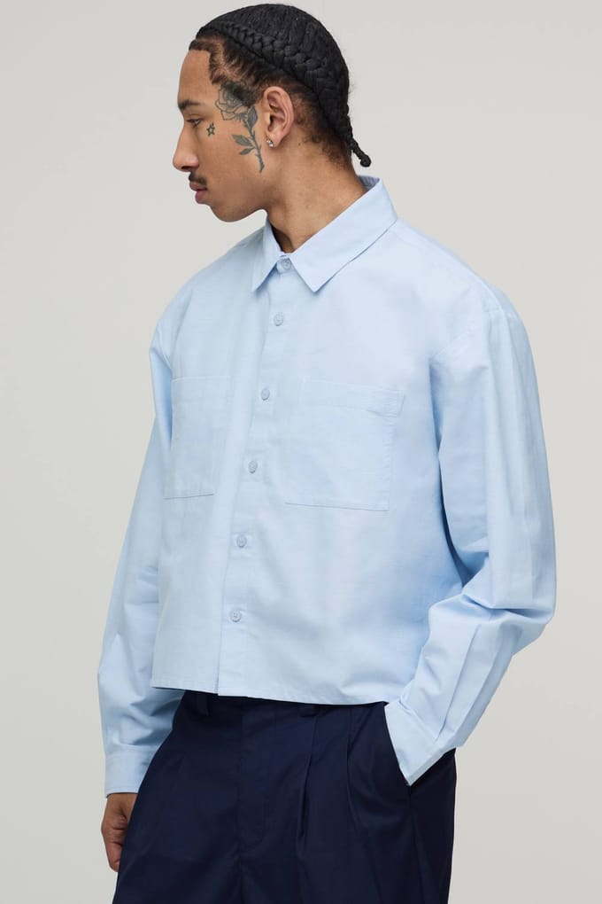 Boxy Fit Cropped Lange Mouw Oxford Shirt | Light Blue | Size Medium