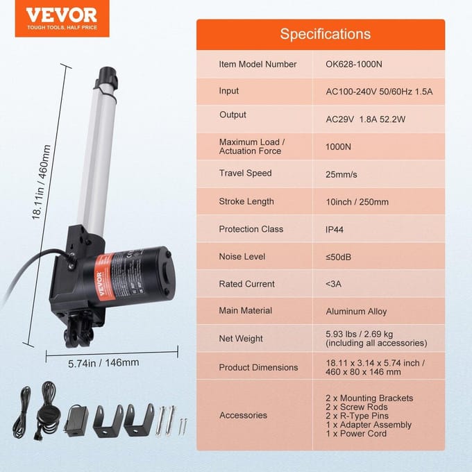 24V Lineaire Actuator Kit 10 Inch 0.98 /s 220lbs/1000N met IP44 Bescherming