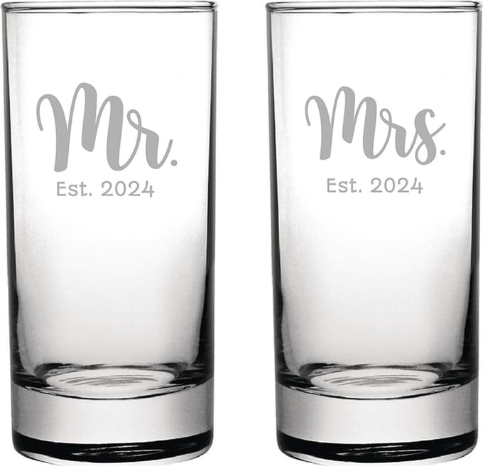 Gegraveerde set longdrinkglazen 28,5cl Mr. Est. 2024 - Mrs. Est. 2024