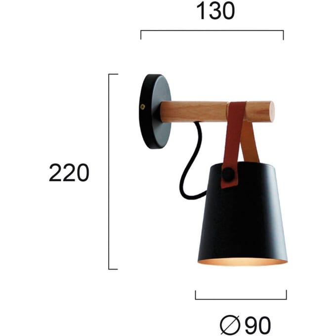 Viokef Wandlamp Vetra, zwart, staal, hout, leer, E27