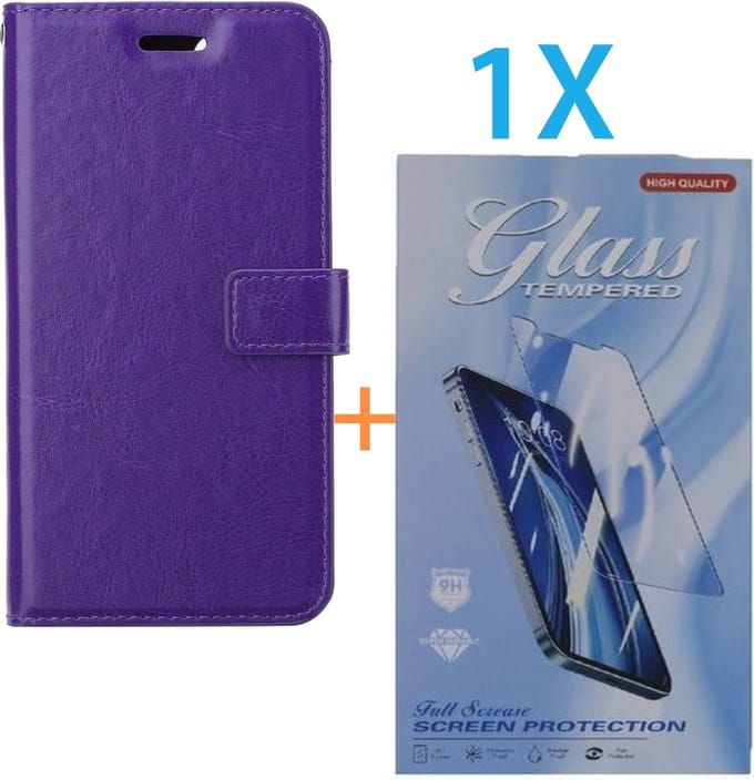 Bookcase Geschikt voor: Apple iPhone 15 Pro - Paars - portemonnee hoesje - + 1X Tempered Glass Screenprotector