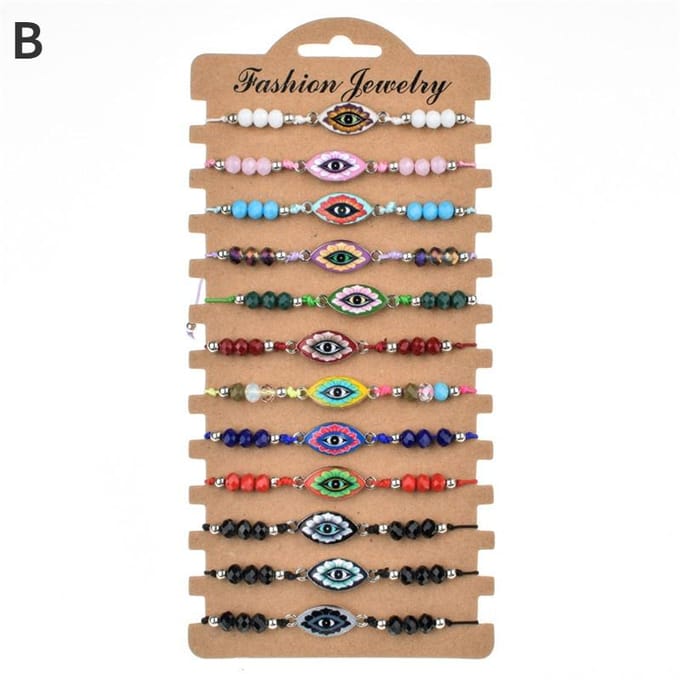 12 stuks/set Boheemse boze oog verstelbare handgeweven kralenarmband beige