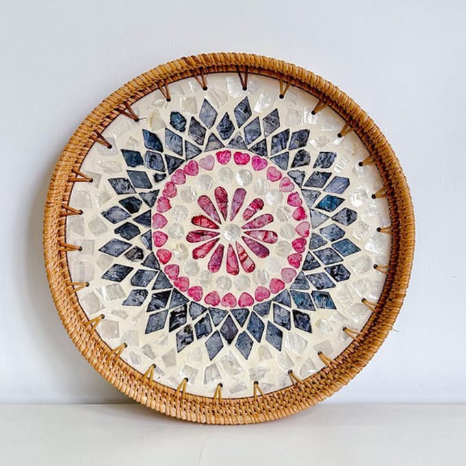 Rieten Geweven Serveerblad Rond Decoratief Natuurlijk Rieten Schelp Fruit Dessert Snackbord voor gray