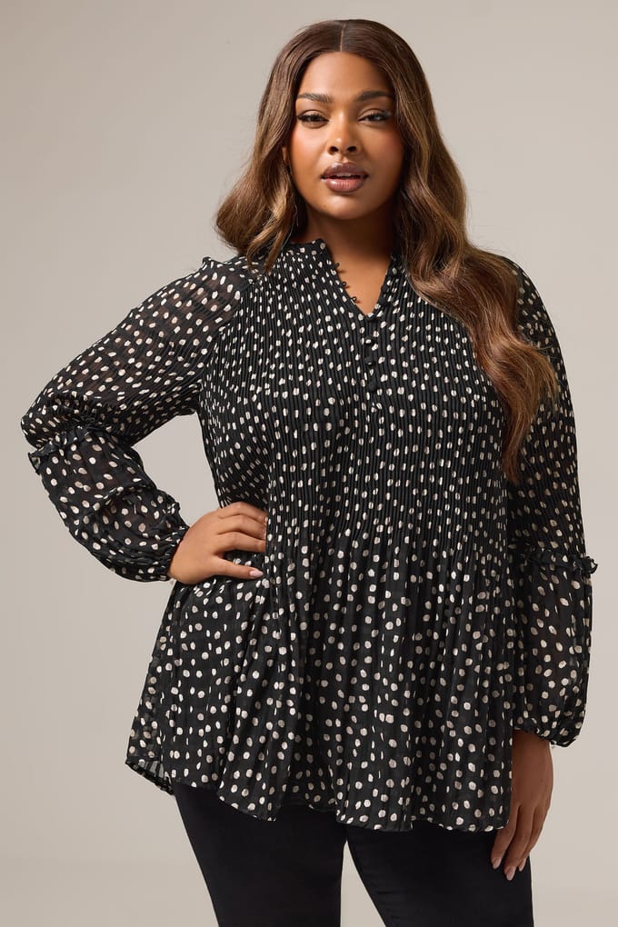 Yours Zwarte Geplooide Blouse Met Stippenprint Size 44