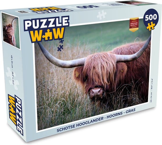 Puzzel Schotse Hooglander - Hoorns - Gras - Legpuzzel - Puzzel 500 stukjes