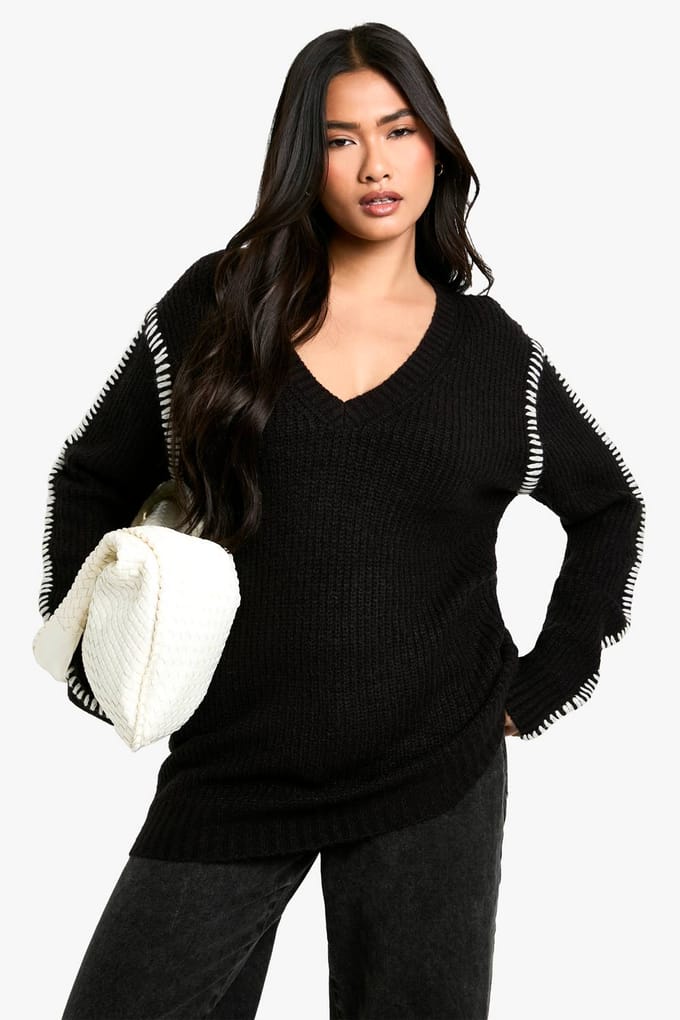 boohoo Dames Premium Contrast Trim V-hals Longline Jumper | Black | Maat: Small