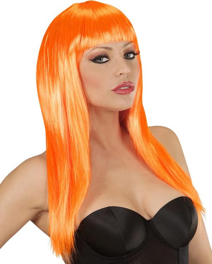 Oranje lang haar pruik