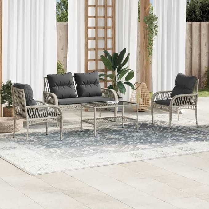 vidaXL - 4-delige - Loungeset - met - kussens - poly - rattan - lichtgrijs