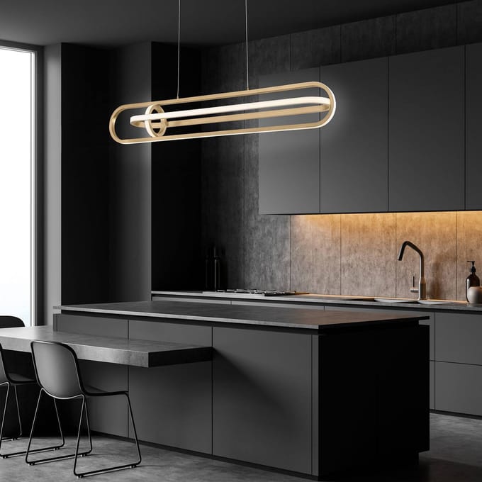 Quintiesse LED hanglamp DENMARK, goud geborsteld, lengte 107 cm, metaal