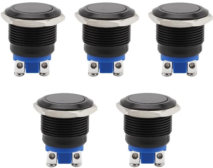 Set van 5x Waterdichte Metalen Drukschakelaars - Zelfborgend - 16mm Montagegat