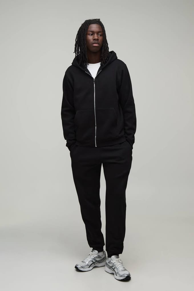 Regular Trainingspak Met Rits En Capuchon En Rechte Pijpen Met Boordjes | Black | Size Medium