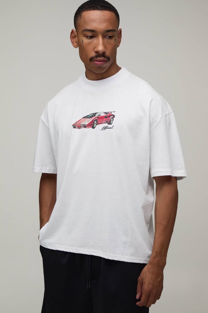 Oversized Boxy T-shirt Met Sportieve Autoprint | White | Size Small