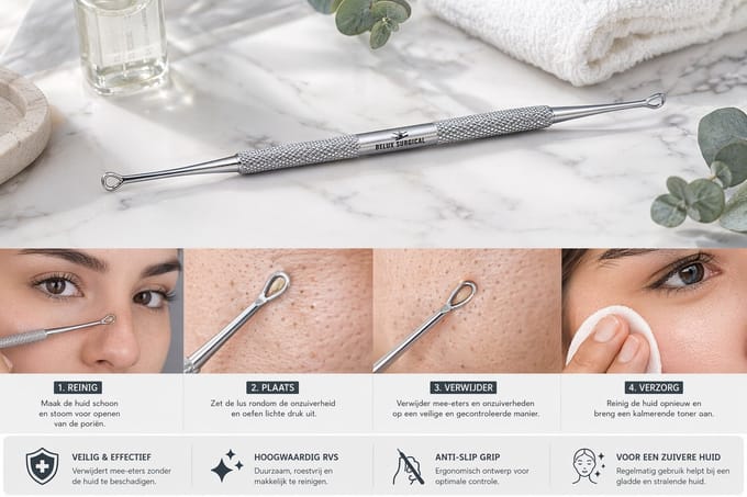 Belux Surgical Comedonen Lepel – Dubbelzijdige Mee-eter Verwijderaar RVS | Blackhead Remover Tool