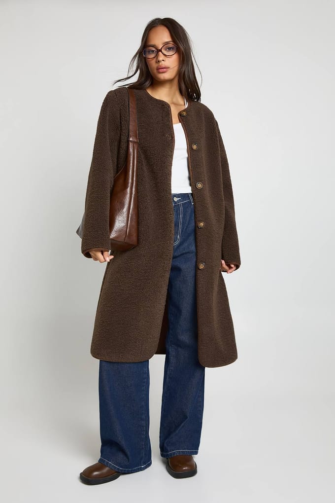 boohoo Dames Teddy Zonder Kraag Maxi Jas | Brown | Maat: 8